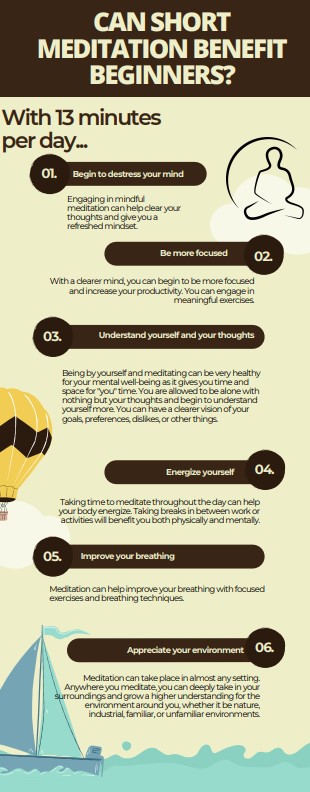 An infographic made with the Canva app about the benefits of meditation. There is a blue boat near the bottom, a yellow hot air balloon, and a silhouette of a meditating person.