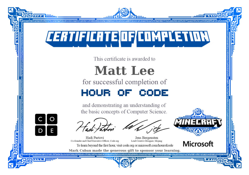 A certificate of completion awarded to Matt Lee for completing the Minecraft Aquatic Hour of Code.