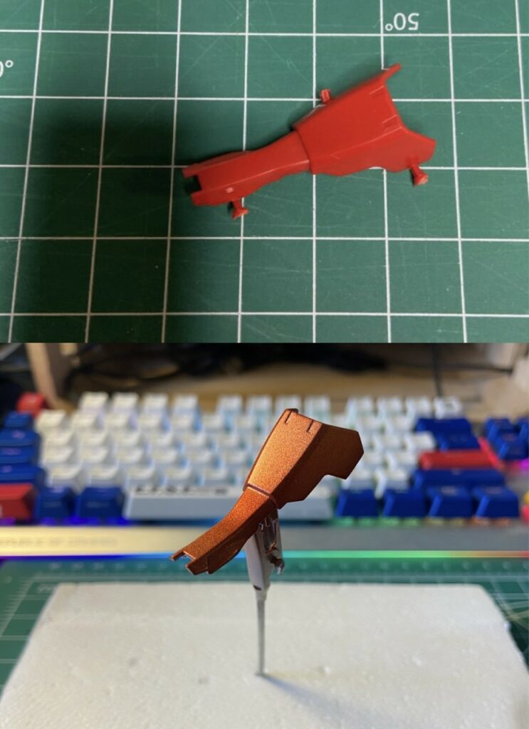 A before and after comparison of a gundam part that has been given a chrome red finish.